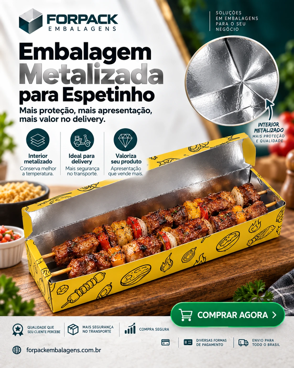Anúncio da embalagem metalizada para espetinho Forpack