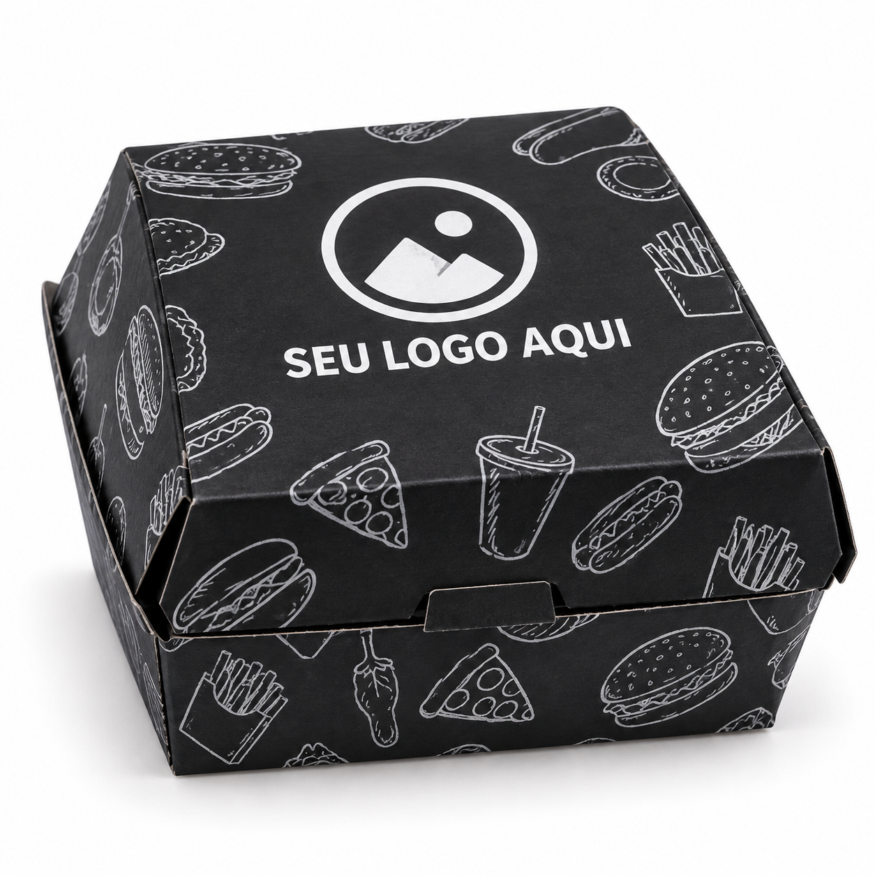 Foto original da caixa de hambúrguer com Seu logo aqui, exemplo personalizado