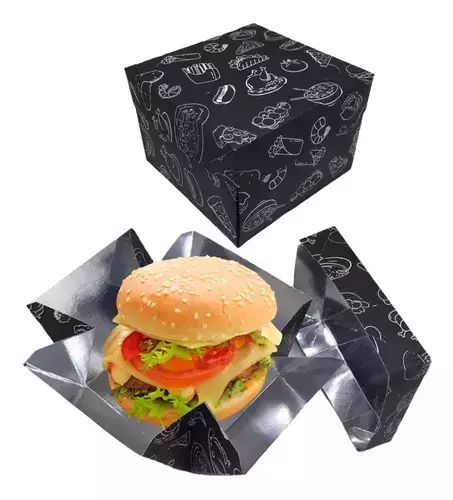 Caixa Prato Metalizada Tampa Solta Hambúrguer Premium 50un para delivery — embalagem food service Forpack